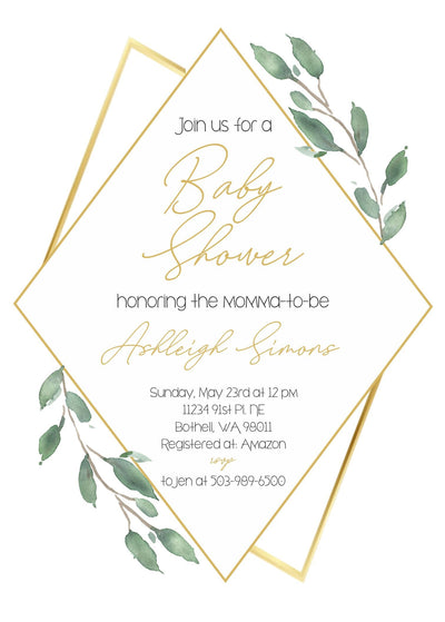 Greenery Invitation, Green and gold Baby Shower Invite, greenery and gold baby sprinkle invitation, floral theme, gender neutral baby shower