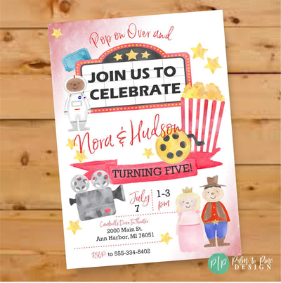 Movie night birthday invitation, Movie party invite, Movie night party invitation, Joint Birthday Invite, Movie night birthday