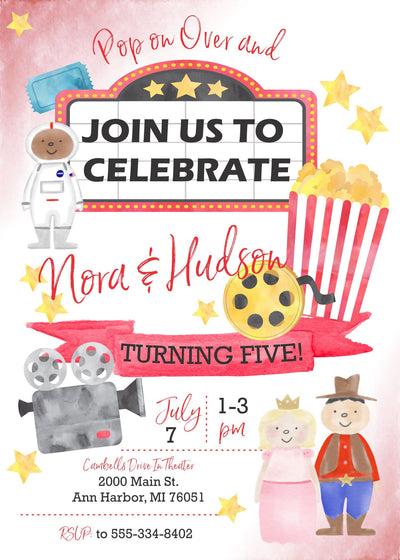 Movie night birthday invitation, Movie party invite, Movie night party invitation, Joint Birthday Invite, Movie night birthday