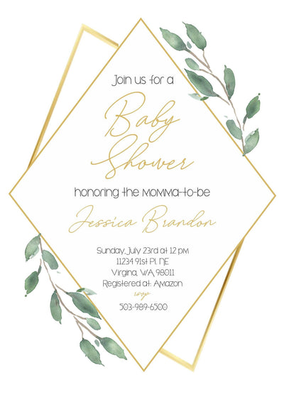 Greenery Invitation, Green and gold Baby Shower Invite, greenery and gold baby sprinkle invitation, floral theme, gender neutral baby shower