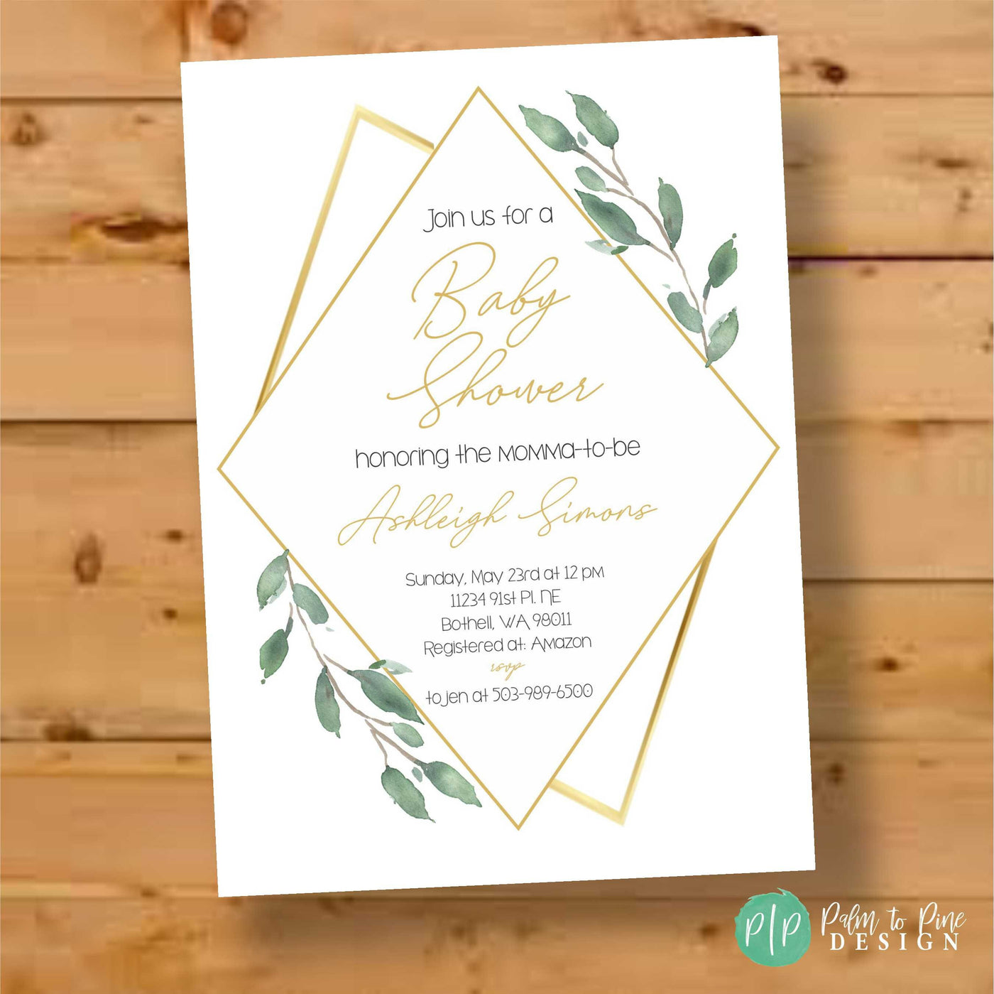 Greenery Invitation, Green and gold Baby Shower Invite, greenery and gold baby sprinkle invitation, floral theme, gender neutral baby shower