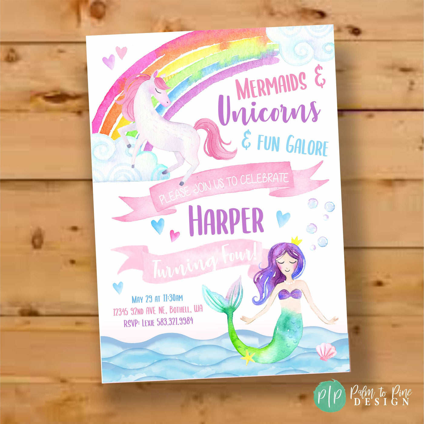 Unicorn mermaid invitation, unicorn mermaid birthday, girls birthday party invitation, unicorn rainbow invite, sisters birthday invitation