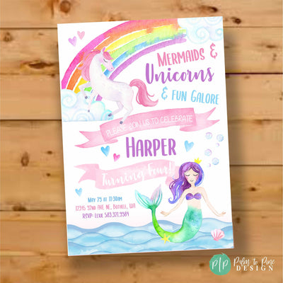 Unicorn mermaid invitation, unicorn mermaid birthday, girls birthday party invitation, unicorn rainbow invite, sisters birthday invitation