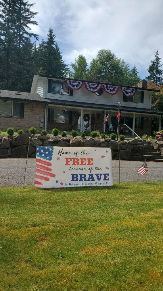Home of the Free banner, Welcome home military banner, Memorial day banner, 4th of July banner, patriotic banner, vinyl banner, yard sign