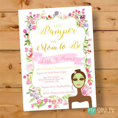 Spa Invite, Baby Shower Invitation, Baby Shower Invite, Floral Watercolor, Spa Day Invitation, Spa Baby Shower, African American Mom to Be