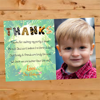 Jungle Themed Thank you card, Jungle Birthday thank you, First Birthday thank you card, Jungle Birthday Photo Thank you, Bday thank you note