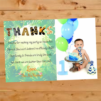 Jungle Themed Thank you card, Jungle Birthday thank you, First Birthday thank you card, Jungle Birthday Photo Thank you, Bday thank you note