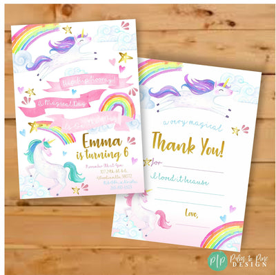 Unicorn Thank You Card, Pastel Unicorn Thank You, Birthday Girl Thank You Card, watercolor unicorn thank you, fill in the blank thank you