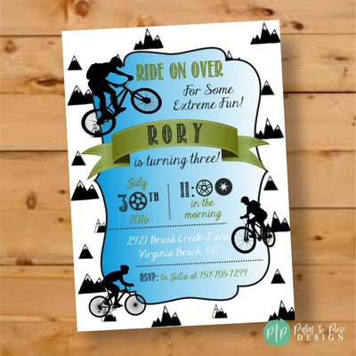 Bicycle Birthday Invite, Bicycle Birthday Party, Mountain Bike, Bicycle Birthday Girl, Downhill Biking Girl, Girl Biking Birthday, Mountains