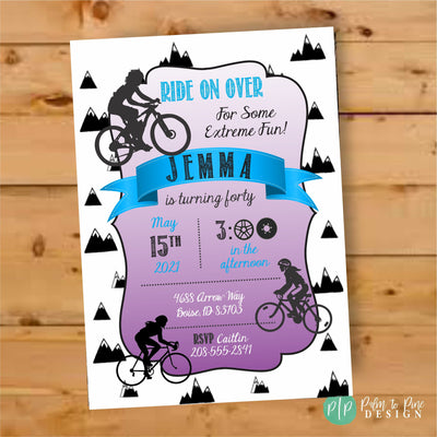 Bicycle Birthday Invite, Bicycle Birthday Party, Mountain Bike, Bicycle Birthday Girl, Downhill Biking Girl, Girl Biking Birthday, Mountains