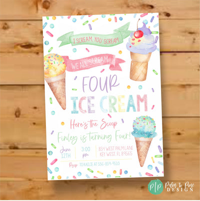 Ice Cream Invitation, Sprinkle Invitation, Ice Cream Birthday Invite, Watercolor Ice Cream Invite, First Birthday Ice Cream Invite, 1st