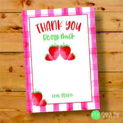 Strawberry Birthday Thank You Card, Berry Sweet Birthday, Berry Birthday Thank You Card, Strawberry Shortcake Thank you, gingham, watercolor
