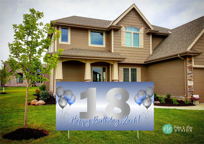 Birthday Banner, birthday balloon sign, blue happy birthday banner for yard, custom birthday yard decorations, blue birthday banner, silver