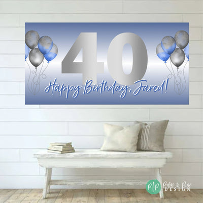 Birthday Banner, birthday balloon sign, blue happy birthday banner for yard, custom birthday yard decorations, blue birthday banner, silver