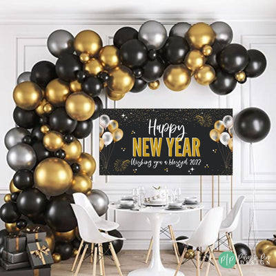 Happy New Year Banner, Custom New Year Banner, Black and Gold NYE Banner, Black and Gold New Year Backdrop, Black and Gold New Year banner