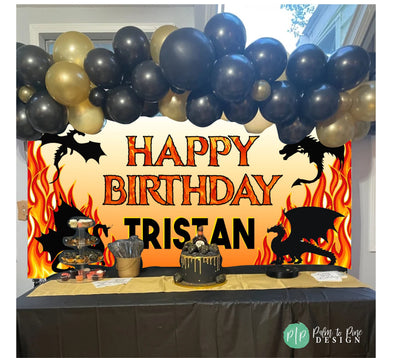 Dragon Birthday Banner, Fire Dragon Banner, Dragon Birthday Party, Dragon Party Decorations, Dragon backdrop, Black Dragon Birthday Banner