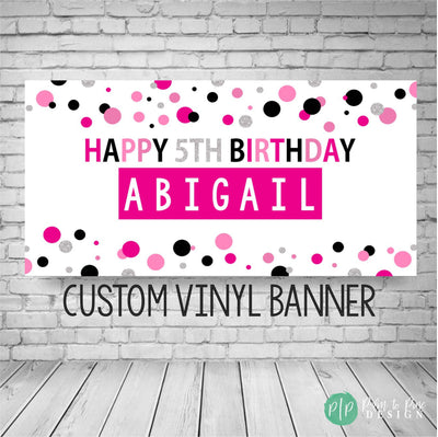 Happy birthday banner personalized, Pink Silver and Black Birthday Banner, Custom birthday banner, polka dot banner, Girls Birthday Banner