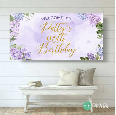Lilac birthday sign, Floral Birthday Banner, women birthday banner, purple and gold banner, women purple lilac & gold banner, lilac backdrop