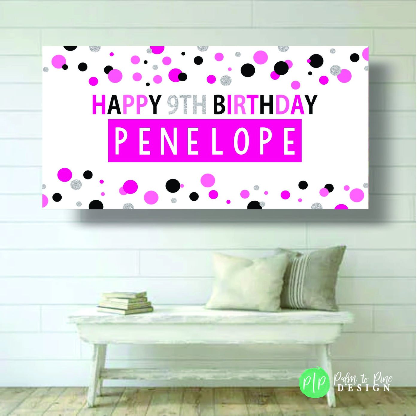 Happy birthday banner personalized, Pink Silver and Black Birthday Banner, Custom birthday banner, polka dot banner, Girls Birthday Banner