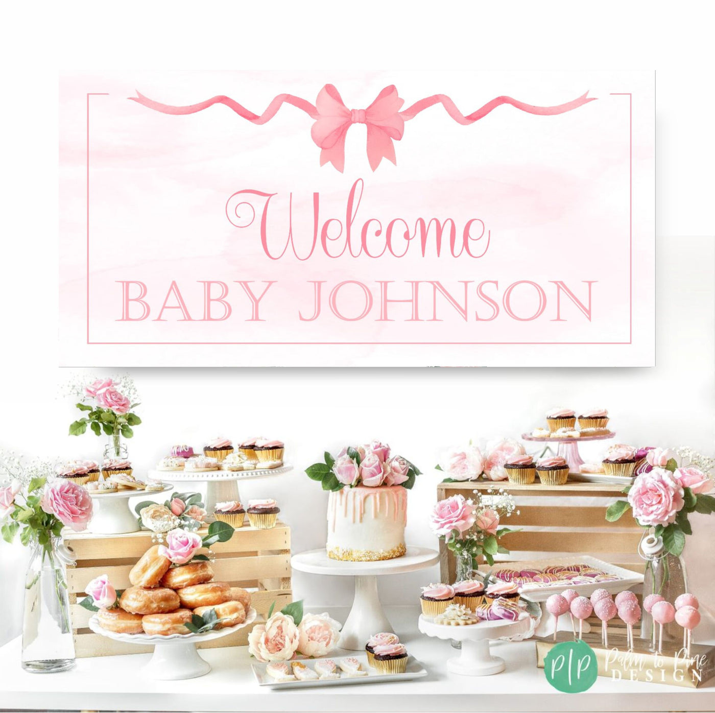 Pink Bow Baby Shower Banner, Pink Bow Party Sign, Pink Ribbon Banner, 1st Birthday Girl Banner, Pink Baby Shower Banner, Pink Bow Baby Decor