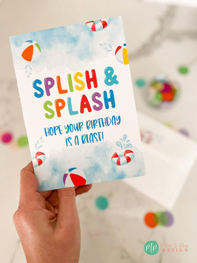 Kids Birthday Greeting Card, Splish Splash Birthday Greeting Card, Pool Party birthday card for kids, kid birthday card, pool party card 5x7