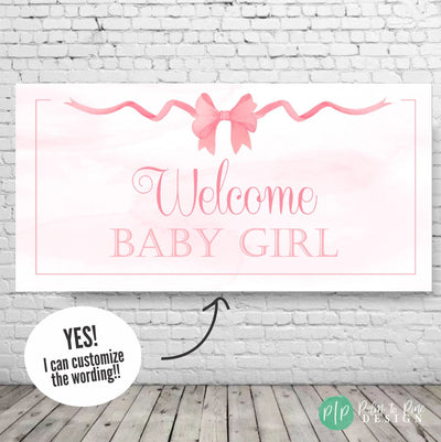 Pink Bow Baby Shower Banner, Pink Bow Party Sign, Pink Ribbon Banner, 1st Birthday Girl Banner, Pink Baby Shower Banner, Pink Bow Baby Decor