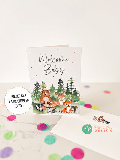 New Baby Card, Woodland Baby Card, Baby Shower Greeting Card, Woodland Baby Shower Personalized Card, Woodland New Baby Greeting, 5x7 Card