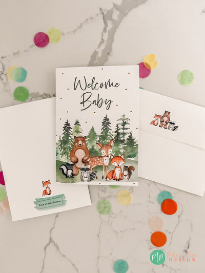 New Baby Card, Woodland Baby Card, Baby Shower Greeting Card, Woodland Baby Shower Personalized Card, Woodland New Baby Greeting, 5x7 Card