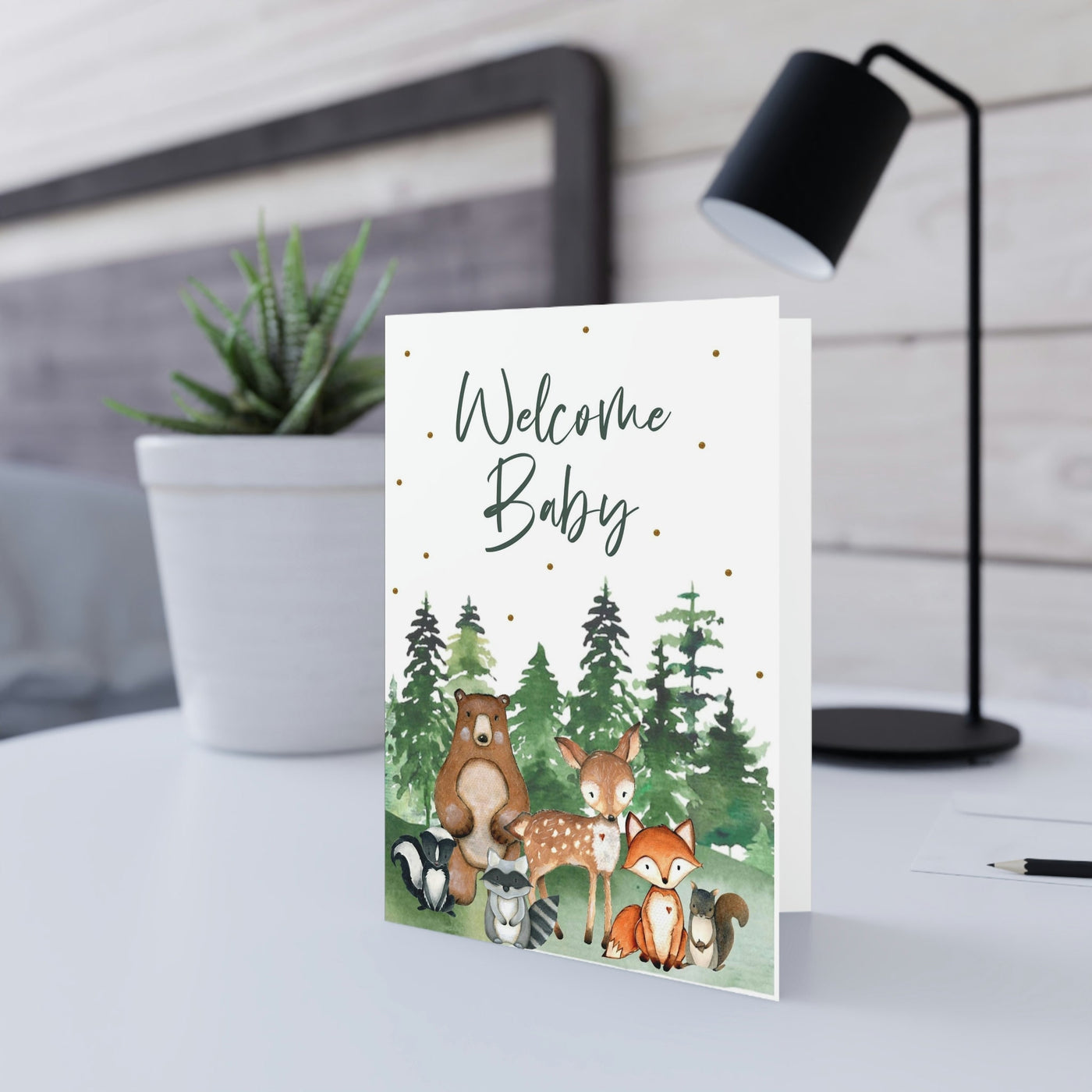 New Baby Card, Woodland Baby Card, Baby Shower Greeting Card, Woodland Baby Shower Personalized Card, Woodland New Baby Greeting, 5x7 Card