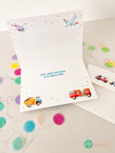 Happy Birthday Card, Transportation Birthday Card, Kids Birthday Greeting Card, Kid Birthday Personalized Card, Transportation Birthday Card