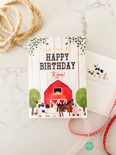 Farm Birthday Greeting Card, kids barnyard birthday card, 5x7 farm birthday card, farm animals birthday card, happy birthday card for kids