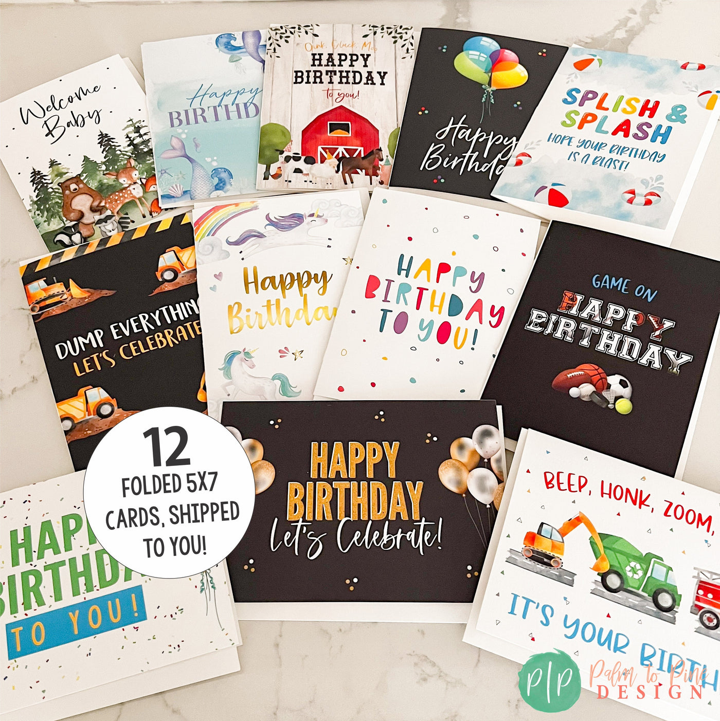 Birthday Greeting Card variety pack, 12 Birthday Cards for kids and adults, Custom birthday card set, folded Celebration Greeting Card Pack