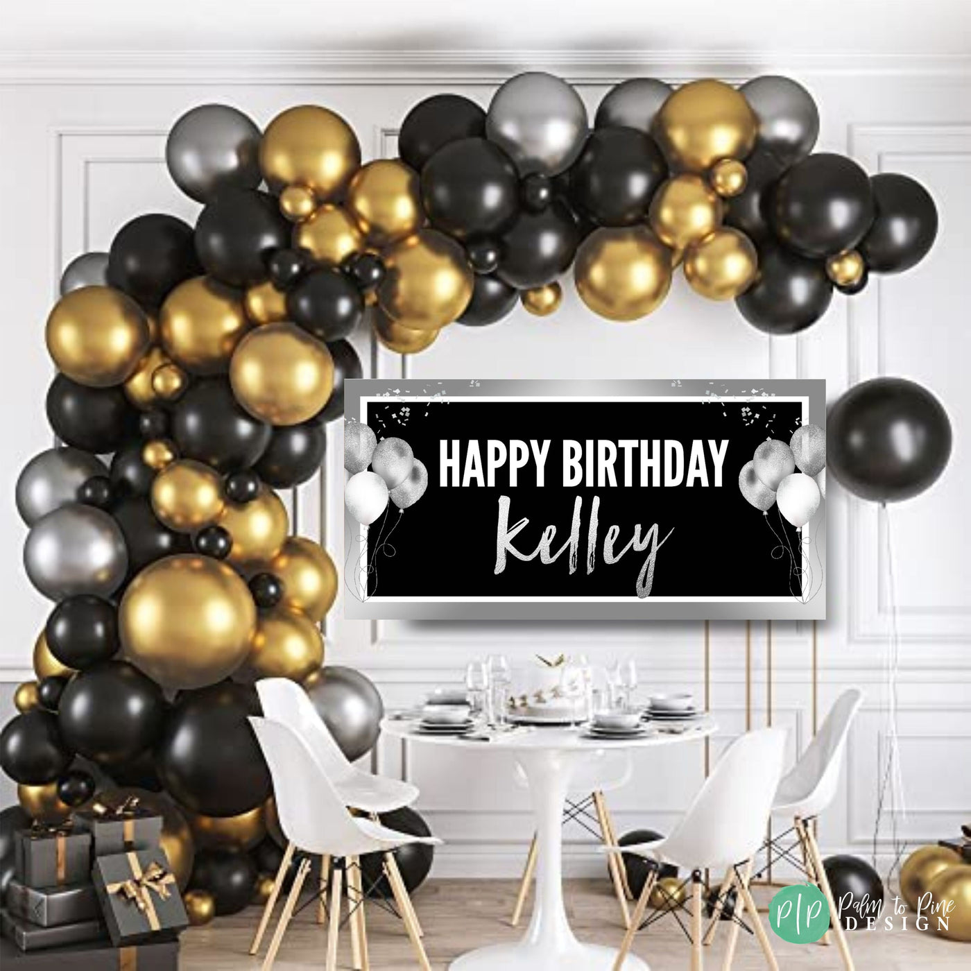 Black and Silver Birthday Banner, Happy birthday personalized banner, Custom black and white birthday banner, Black and White party backdrop