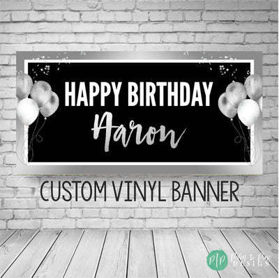Black and Silver Birthday Banner, Happy birthday personalized banner, Custom black and white birthday banner, Black and White party backdrop