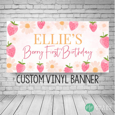 Strawberry Daisy Birthday Banner, berry first birthday, strawberry and daisy backdrop, strawberry birthday banner, daisy birthday backdrop