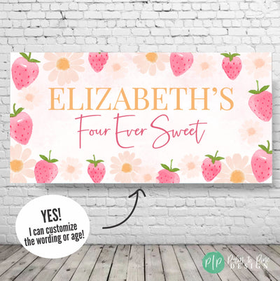 Strawberry Daisy Birthday Banner, berry first birthday, strawberry and daisy backdrop, strawberry birthday banner, daisy birthday backdrop