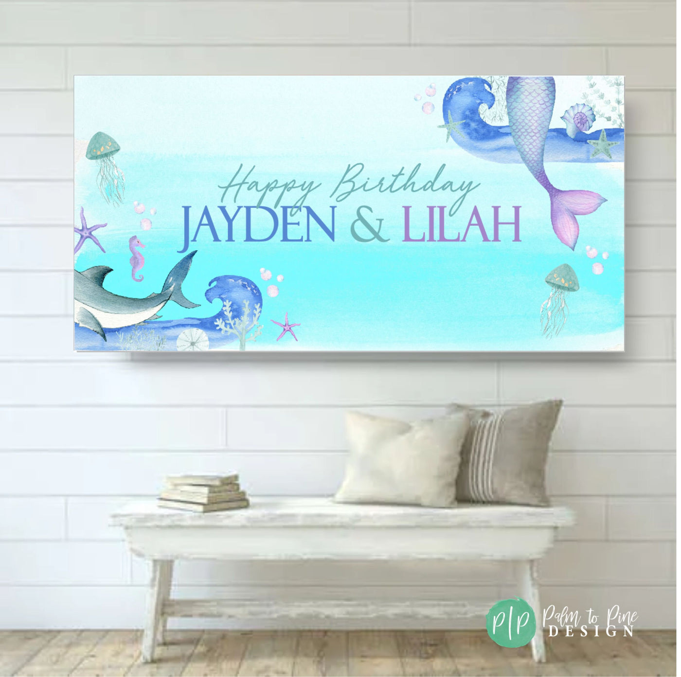 Shark Mermaid Birthday Banner, Under The Sea Birthday Decor, Shark Birthday Banner, Mermaid Birthday Backdrop, Ocean Birthday Banner,Sealife