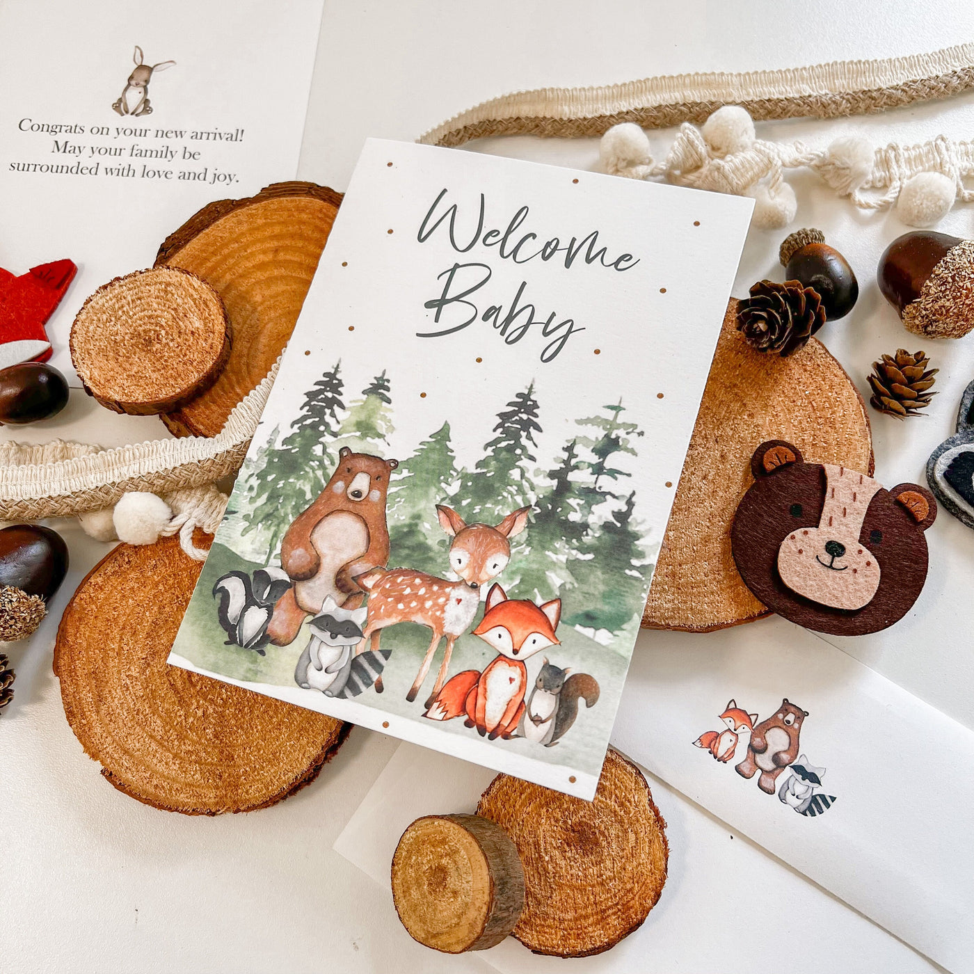 Welcome Baby Woodland Greeting Card with Custom-Printed Envelope