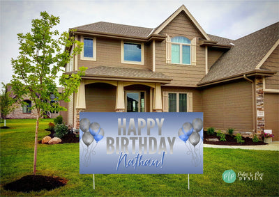 Birthday Banner, Personalized birthday balloon sign, blue happy birthday banner, custom birthday decorations, blue birthday banner decor