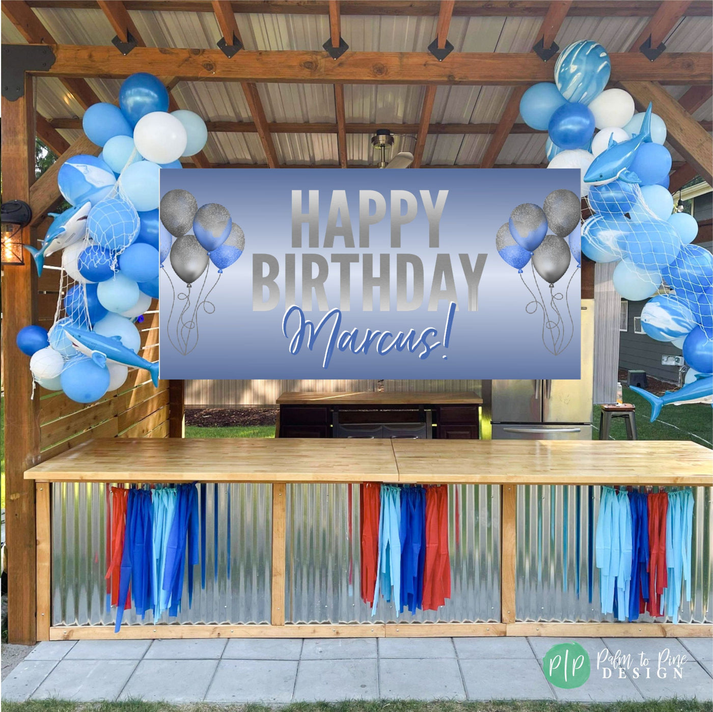 Birthday Banner, Personalized birthday balloon sign, blue happy birthday banner, custom birthday decorations, blue birthday banner decor