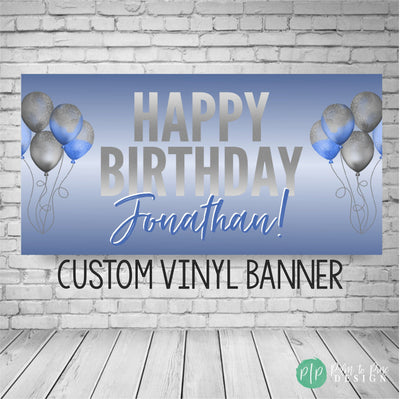 blue and silver birthday banner