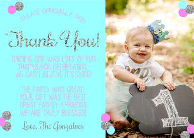 First Birthday Thank You Card, Pink & Gold Glitter Thank You Card, Birthday Thank You, 1st Birthday Thank You Card, Gold Glitter Thank You