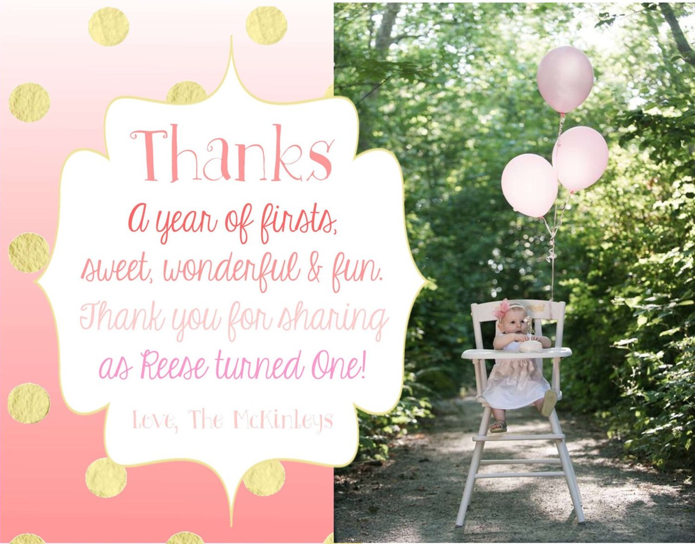 Pink Ombre Thank You Card, First Birthday Thank You Card, Photo Thank You Card, Pink and Gold Thank You Card, First Birthday Thank You Girl