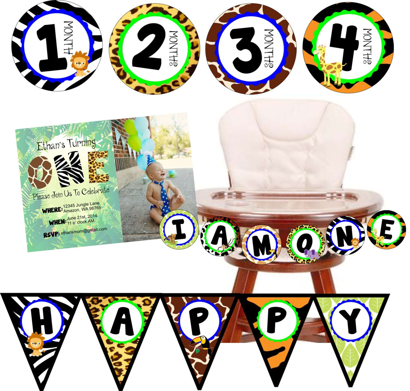 Jungle Themed Thank you card, Jungle Birthday thank you, First Birthday thank you card, Jungle Birthday Photo Thank you, Bday thank you note