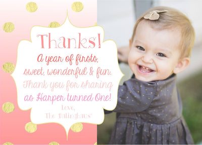 Pink Ombre Thank You Card, First Birthday Thank You Card, Photo Thank You Card, Pink and Gold Thank You Card, First Birthday Thank You Girl