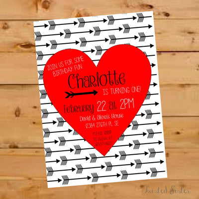 Valentine's Birthday Invite, Heart and Arrow Birthday Invite, Black and Red Birthday Invitation, First Birthday Invitation, Valentine's Bday