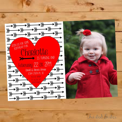 Valentine's Birthday Invite, Heart and Arrow Birthday Invite, Black and Red Birthday Invitation, First Birthday Invitation, Valentine's Bday