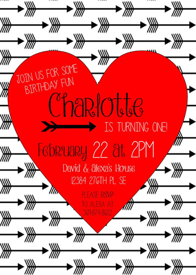 Valentine's Birthday Invite, Heart and Arrow Birthday Invite, Black and Red Birthday Invitation, First Birthday Invitation, Valentine's Bday