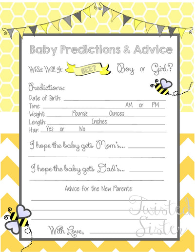 Baby Shower Games, What Will It BEE Baby Shower Games, Yellow and Grey Baby Shower Games, Baby Shower Bingo, Baby Prediction Guesses, Bees