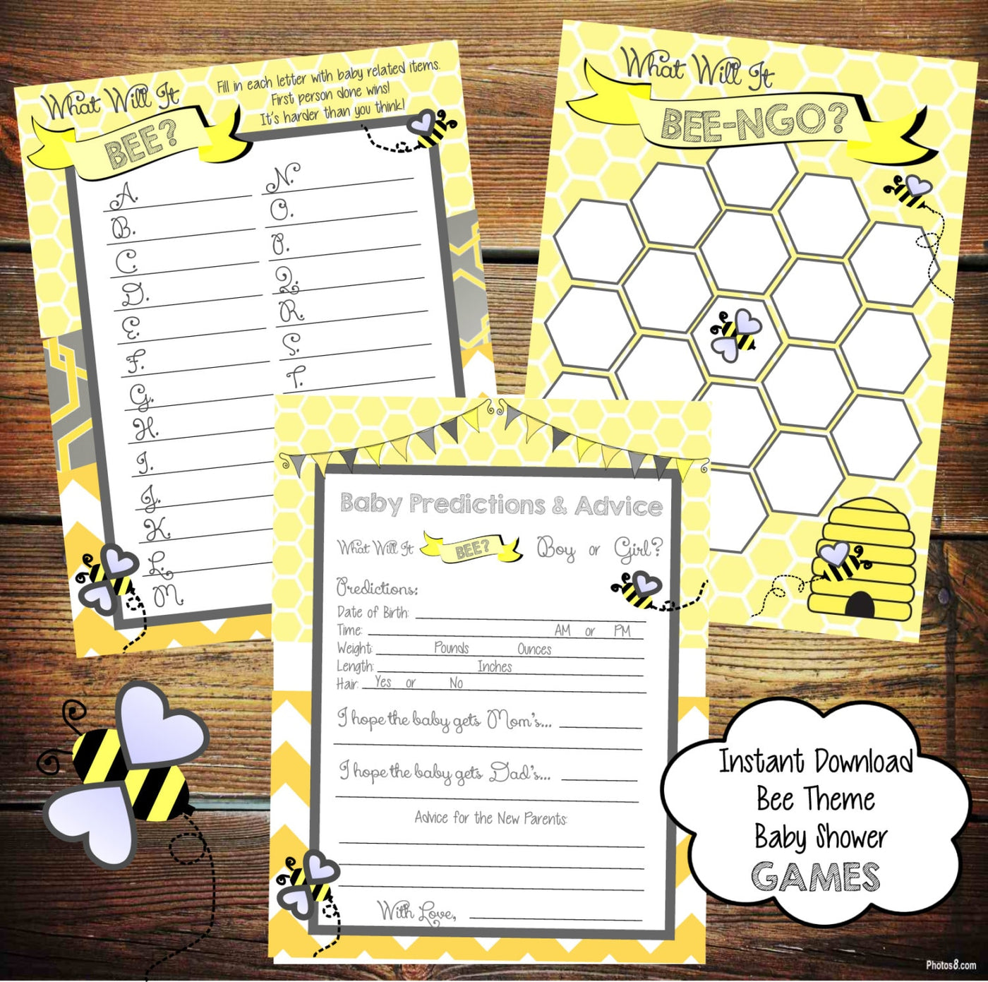 Baby Shower Games, What Will It BEE Baby Shower Games, Yellow and Grey Baby Shower Games, Baby Shower Bingo, Baby Prediction Guesses, Bees